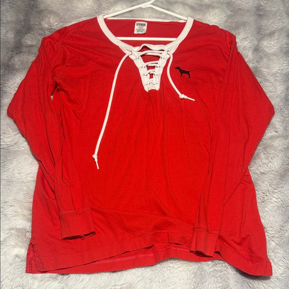PINK Victoria's Secret Red Lace-Up Long Sleeve Tee